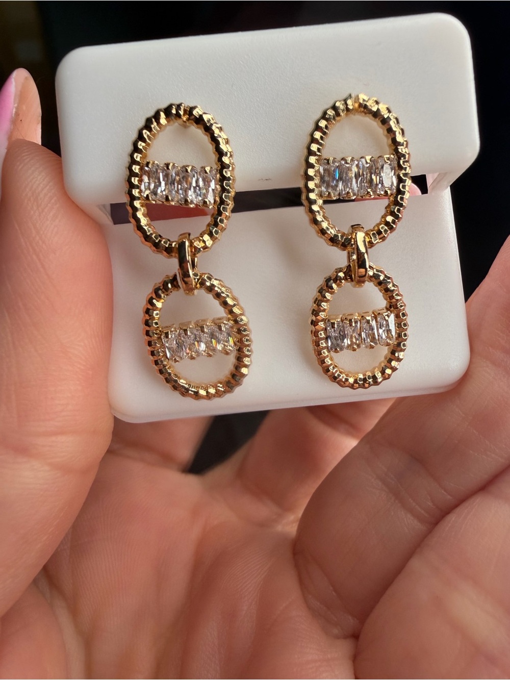 18K Gold Filled Double Oval Drop Earrings | AAA Baguette CZ Dangle Earrings |